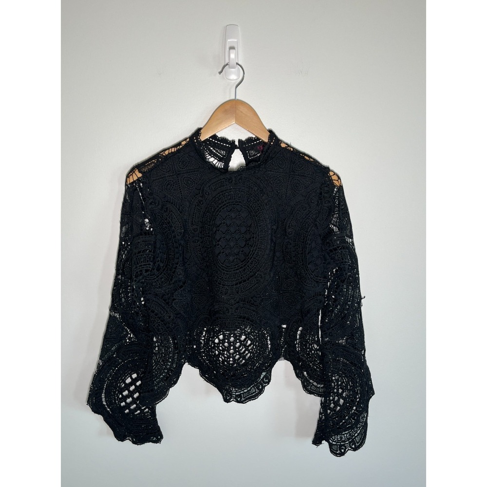 Fairy Whimsigoth Grunge Black Crochet Top Womens L Asymmetrical Sleeve